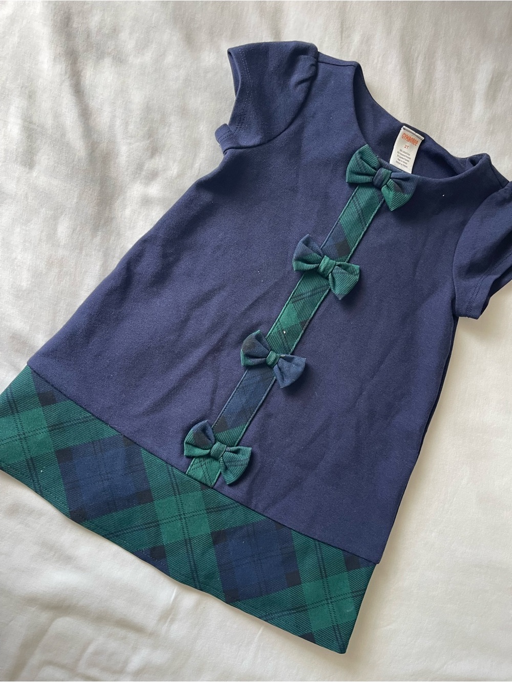 Girls Navy & Green Bow Trim Dress - Kids dress
